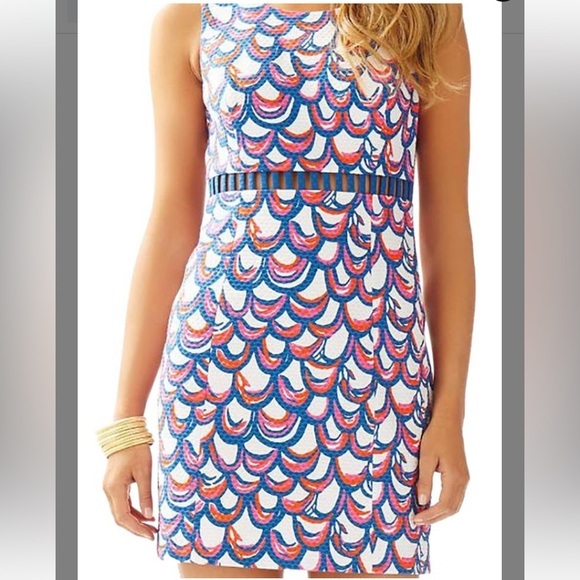 Lilly Pulitzer Dress Size 4 Sheath White Blue Red Pink Textured Scoop Neck Sleev - Picture 3 of 15